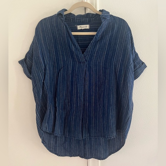 Madewell Courier Button Back Shirt in Cecile Stripe Blue - Picture 3 of 5